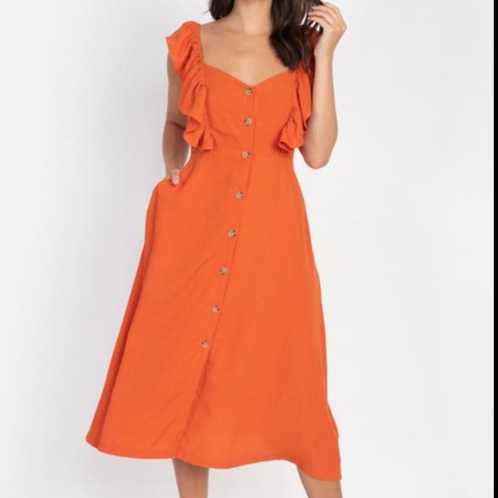 Cute Ruffle Midi Dress Featuring Buttons